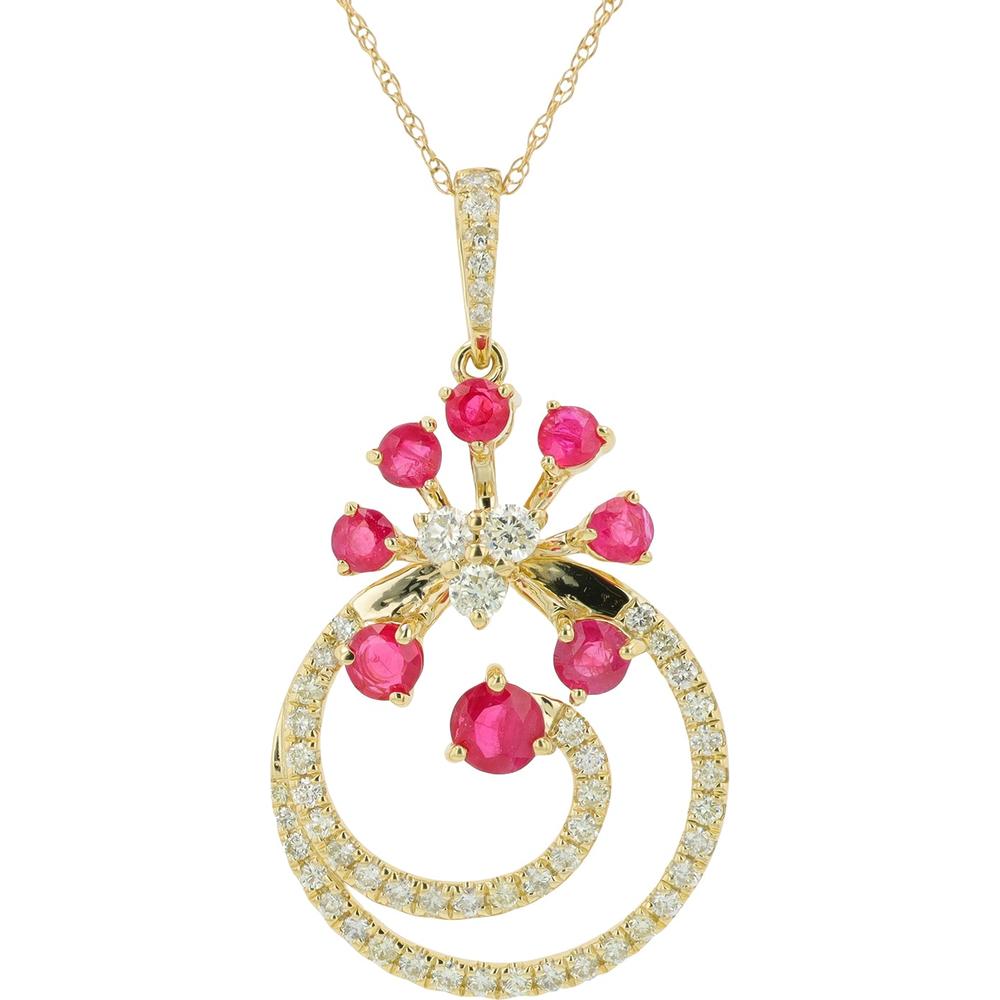 14K White Gold Pendant with Ruby and Diamond Floral Design - 0.75 Carat Ruby, 0.52 Carat Total Diamond Weight