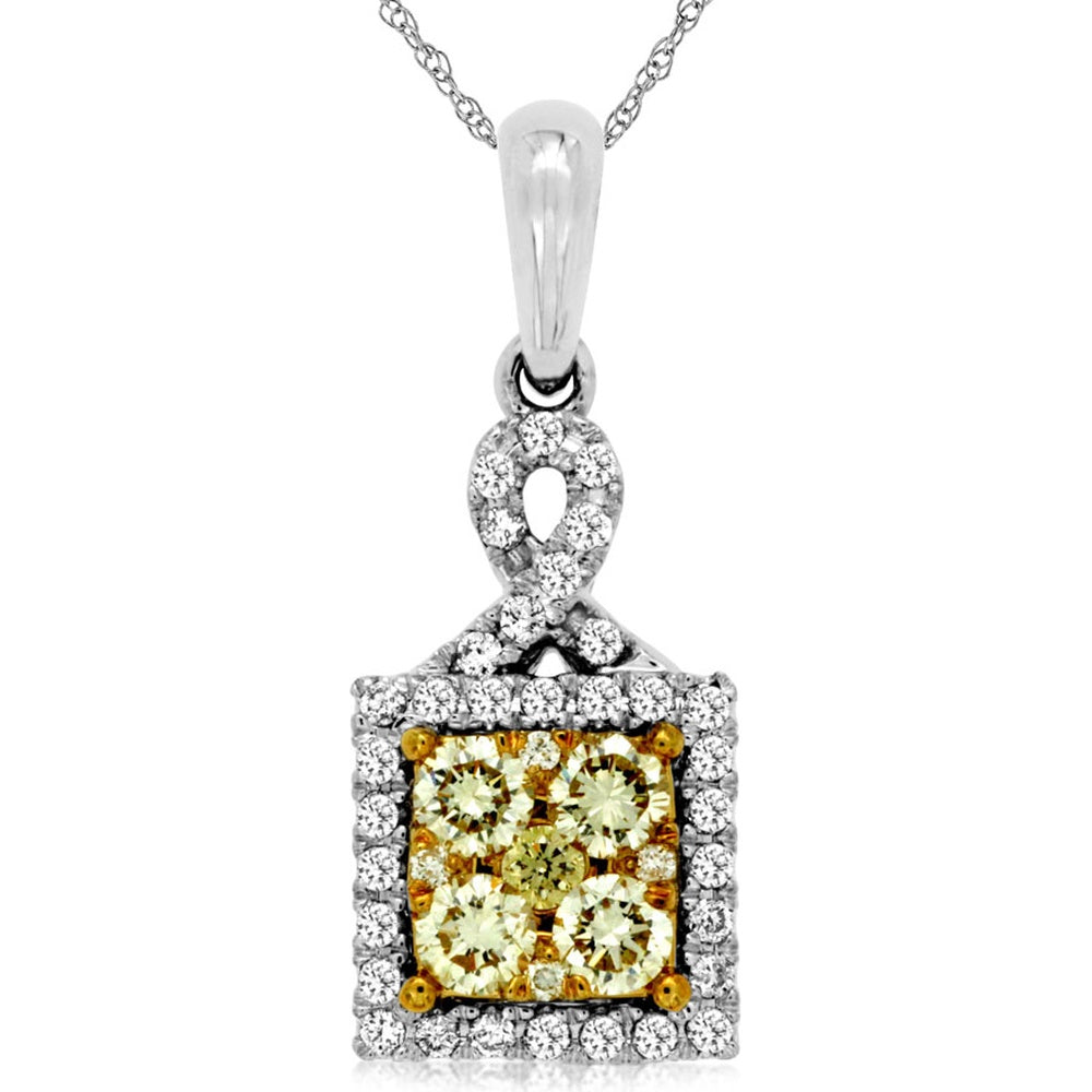 14K White Gold Pendant with Square Halo Cluster of Yellow and White Diamonds - 0.57 Carat Yellow Diamond and 0.18 Carat White Diamond Total Weight - Royal Jewelry