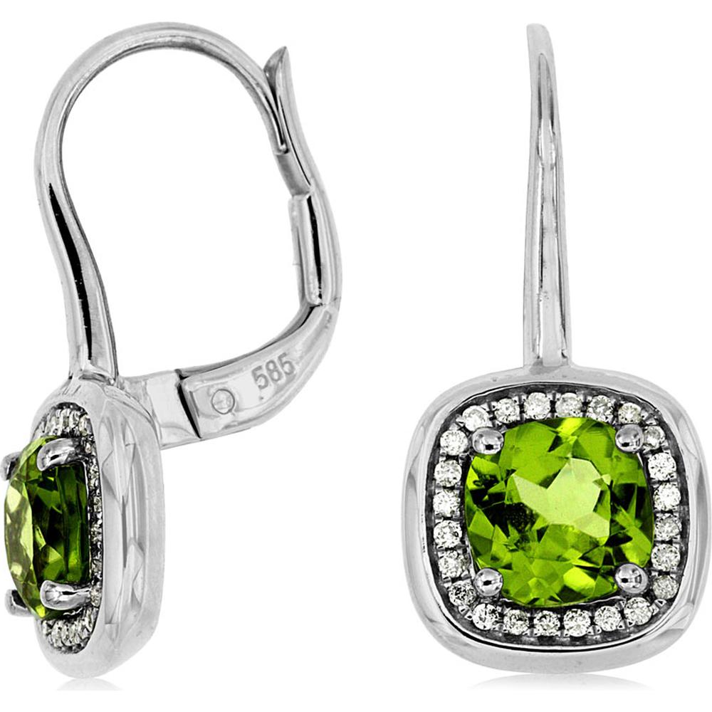 14K White Gold Peridot & Diamond Cushion Cut Earrings - 2.20 Carats Total Peridot Weight, 0.15 Carats Total Diamond Weight