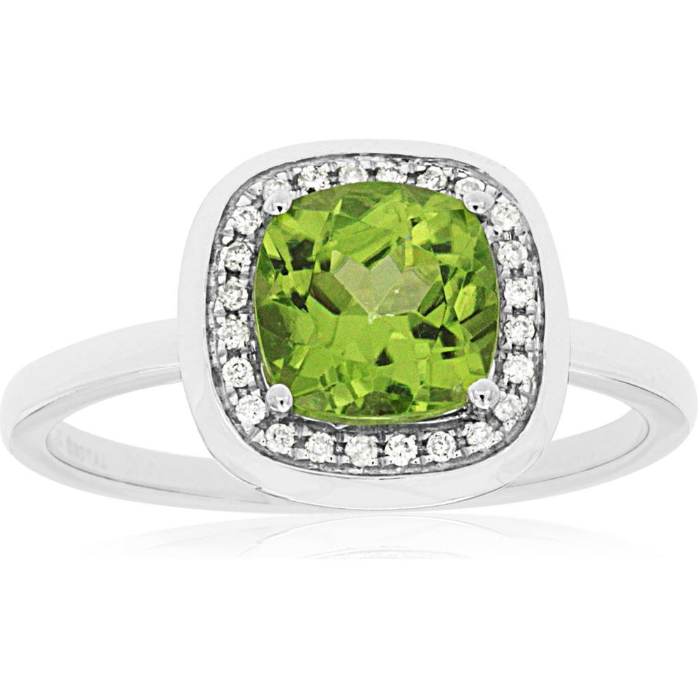 14K White Gold Peridot & Diamond Cushion Cut Halo Ring - 1.65 Carats Peridot, 0.09 Carats Diamond Total Weight