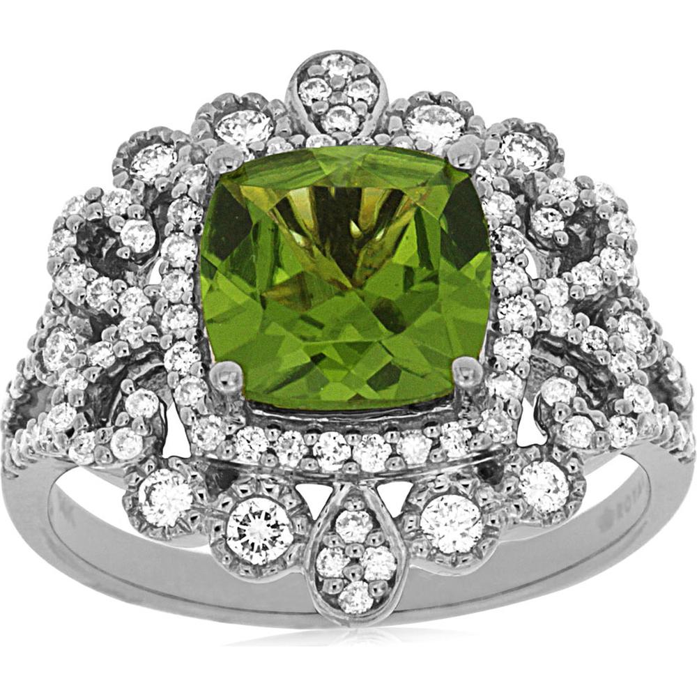 14K White Gold Peridot & Diamond Cushion Cut Halo Ring - 2.10 Carats Peridot, 0.60 Carats Total Diamond Weight