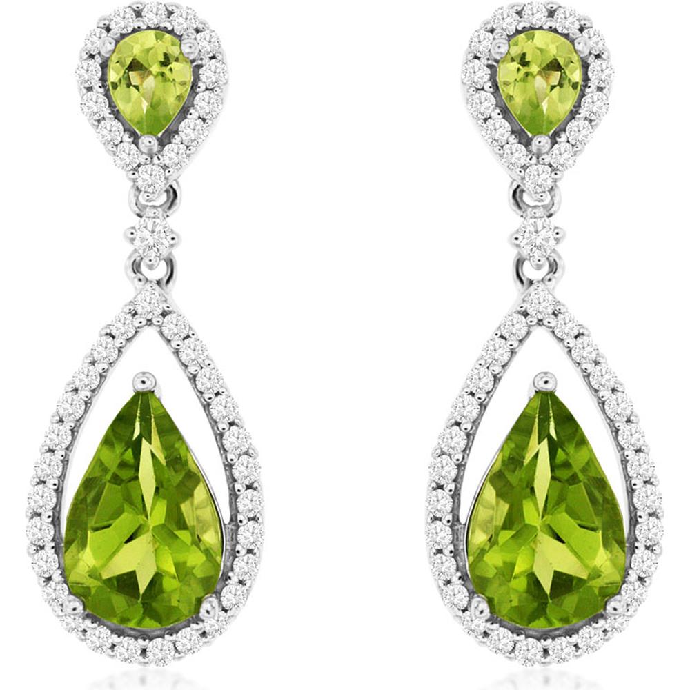14K White Gold Peridot and Diamond Drop Earrings - 3.35 Carats Total Peridot Weight, 0.49 Carats Total Diamond Weight