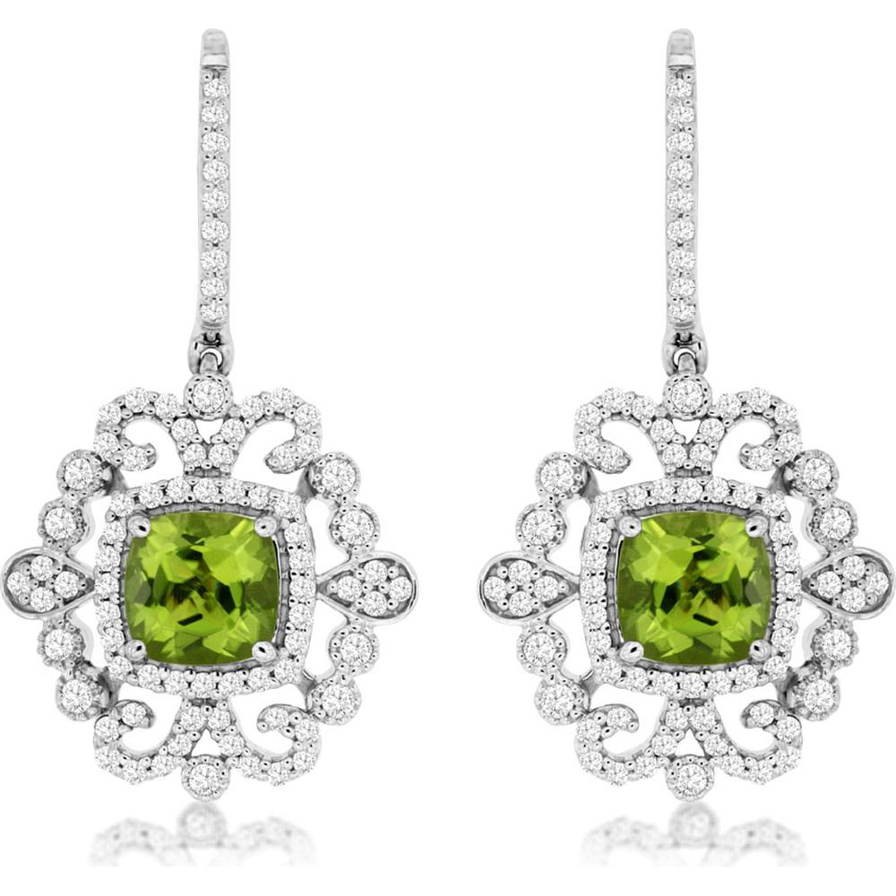 14K White Gold Peridot & Diamond Drop Earrings with Cushion Cut Peridots - 2.00 Carats Total Peridot Weight