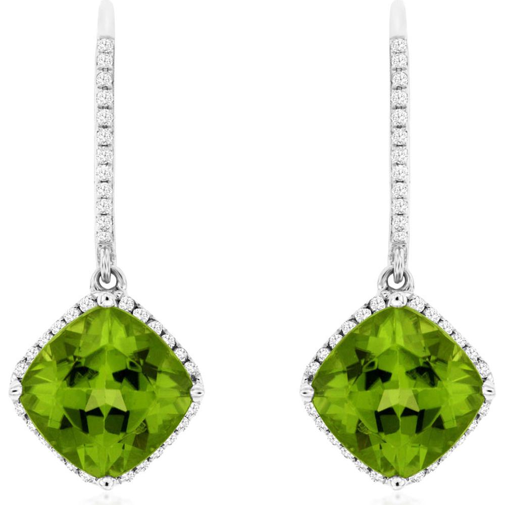 14K White Gold Peridot and Diamond Earrings with Cushion Cut Peridot - 4.10 Carats Total Peridot Weight and 0.42 Carats Total Diamond Weight