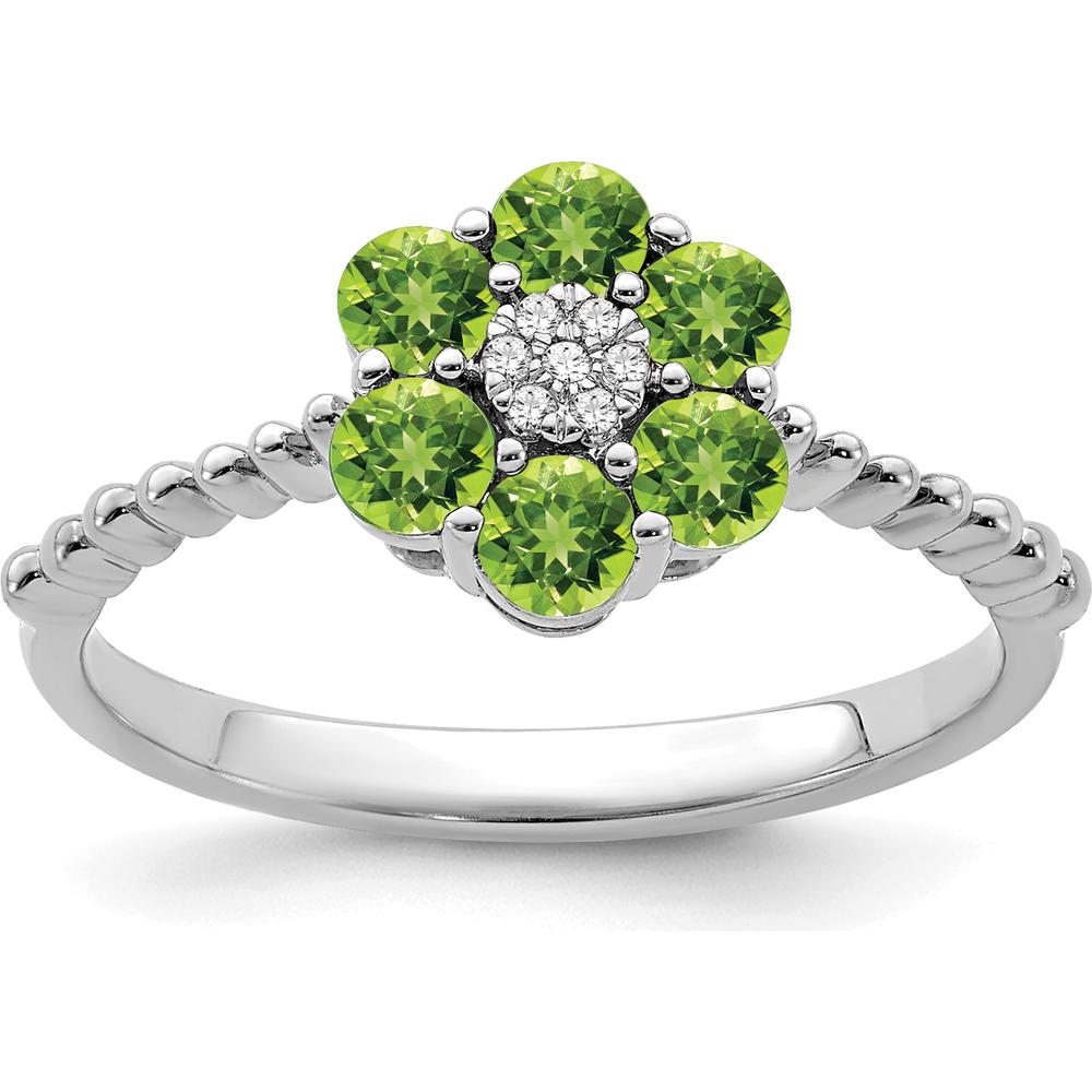 14K White Gold Peridot and Diamond Floral Ring with 6 Round Peridots and 7 Diamonds - 0.13 Carat Total Peridot Weight by 0