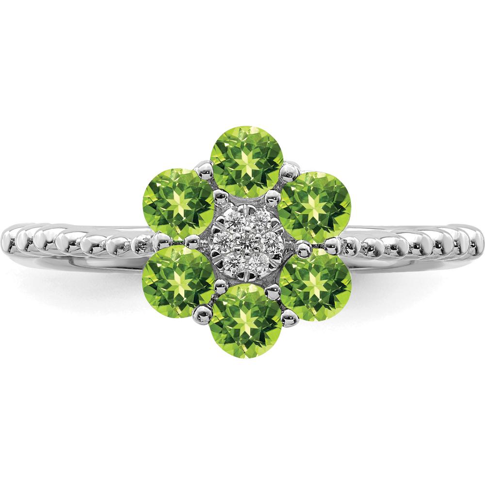 14K White Gold Peridot and Diamond Floral Ring with 6 Round Peridots and 7 Diamonds - 0.13 Carat Total Peridot Weight by 0