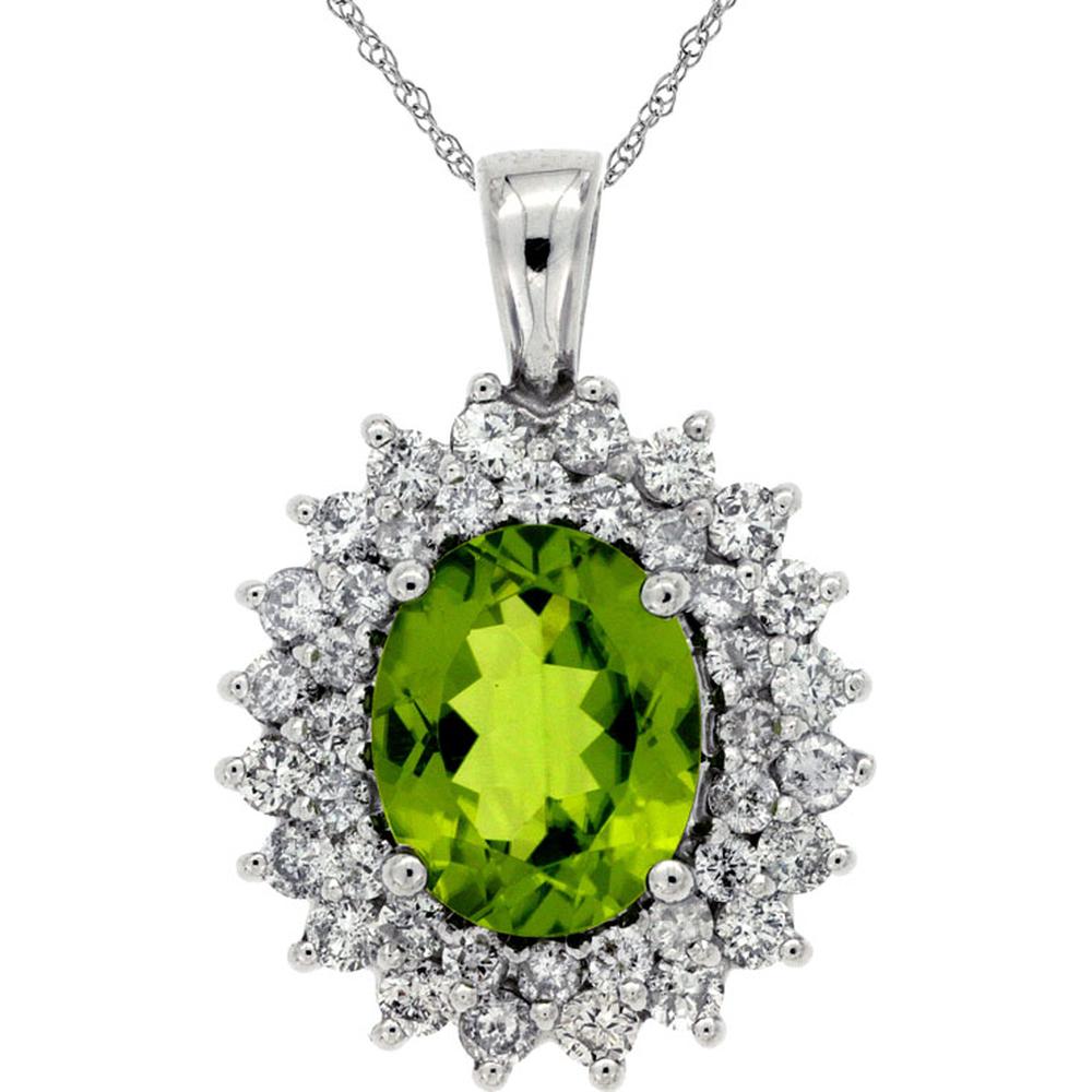14K White Gold Peridot & Diamond Halo Pendant - 2.85 Carats Peridot & 1.00 Carats Diamond Weight