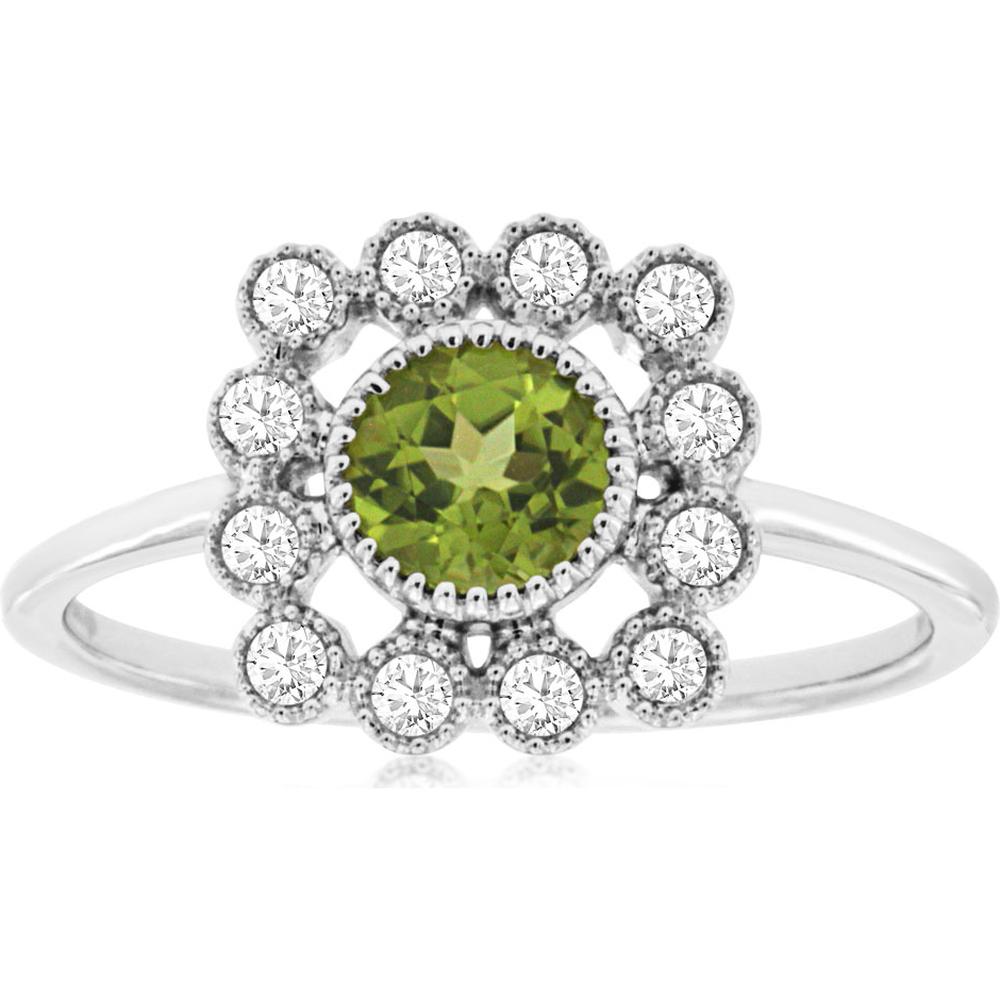 14K White Gold Peridot & Diamond Halo Ring - 0.50 Carats Peridot, 0.19 Carats Diamond Total Weight