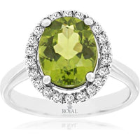 14K White Gold Peridot & Diamond Halo Ring - 2.80 Carats Peridot, 0.25 Carats Total Diamond Weight