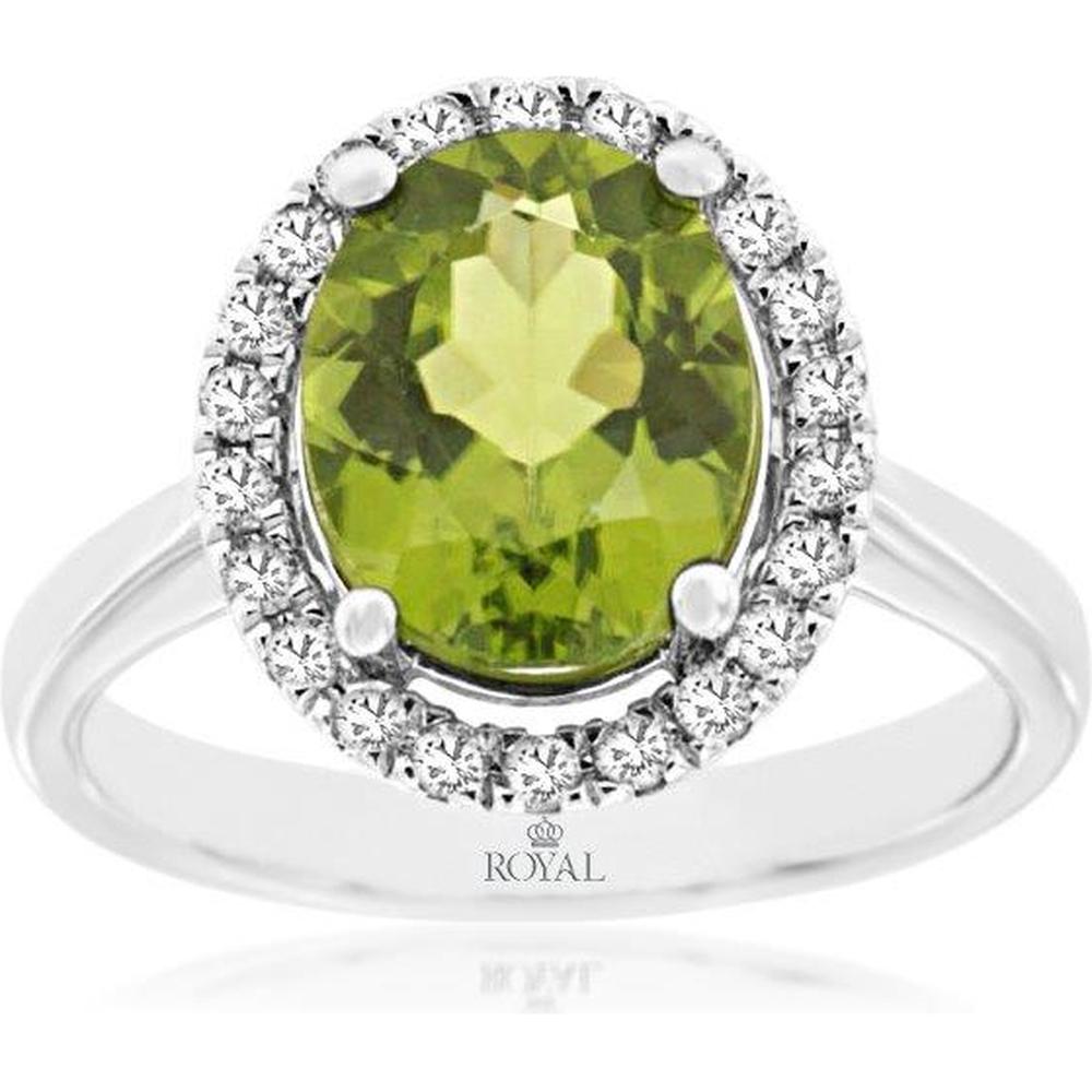 14K White Gold Peridot & Diamond Halo Ring - 2.80 Carats Peridot, 0.25 Carats Total Diamond Weight
