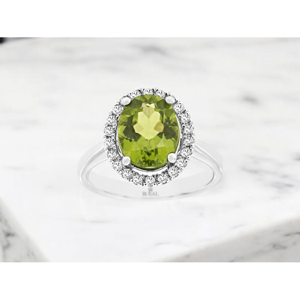 14K White Gold Peridot & Diamond Halo Ring - 2.80 Carats Peridot, 0.25 Carats Total Diamond Weight