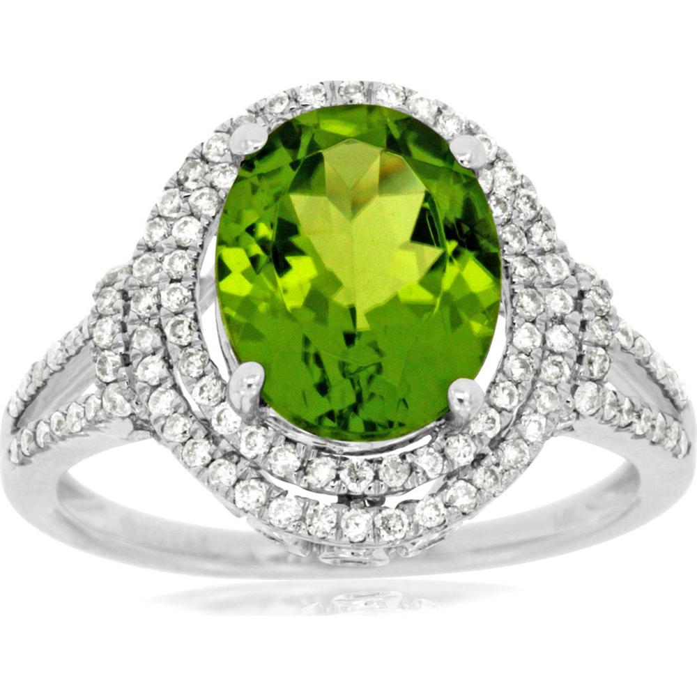 14K White Gold Peridot & Diamond Halo Ring - 2.85 Carats Peridot, 0.47 Carats Total Diamond Weight
