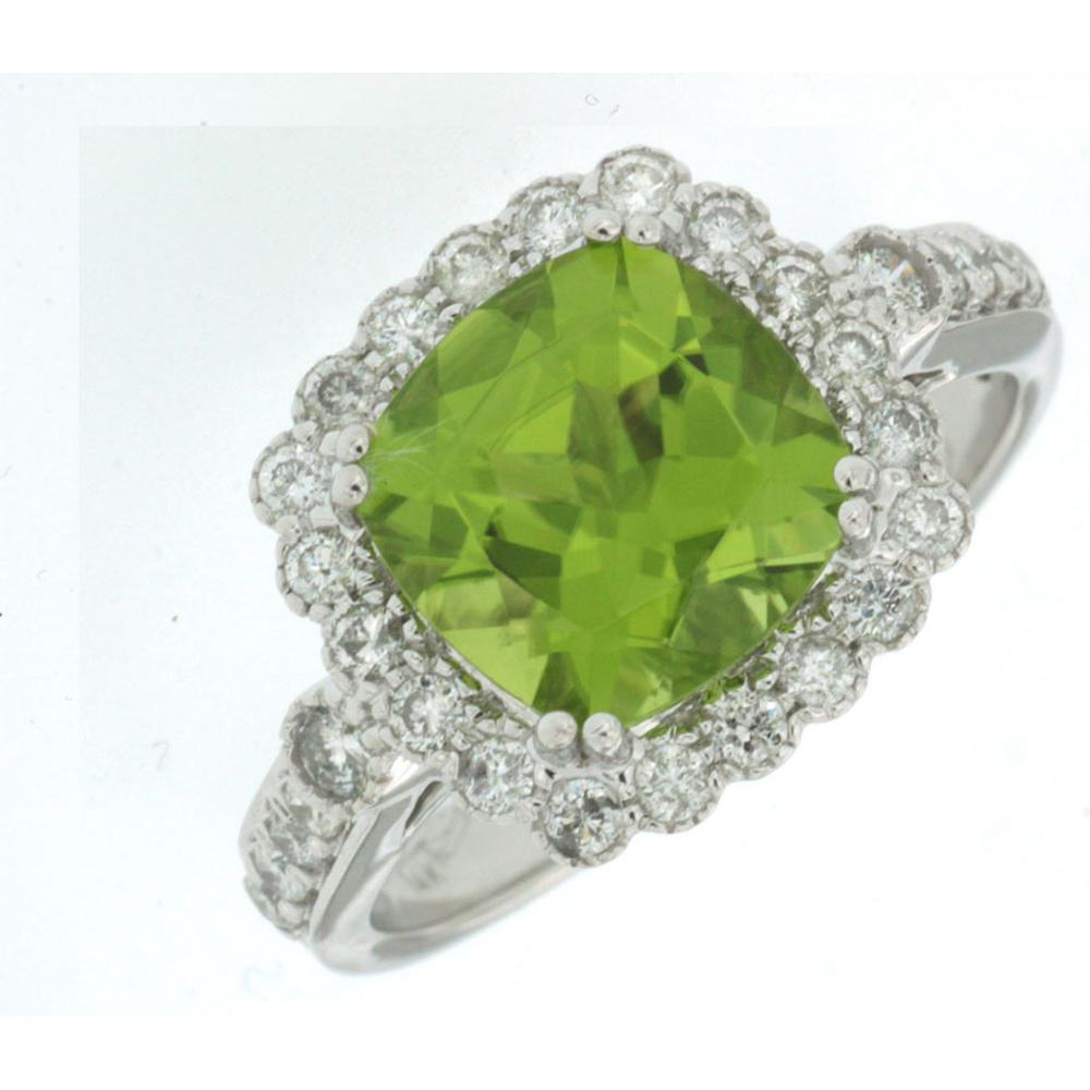 14K White Gold Peridot & Diamond Halo Ring - 3.10 Carats Peridot, 0.50 Carats Total Diamond Weight