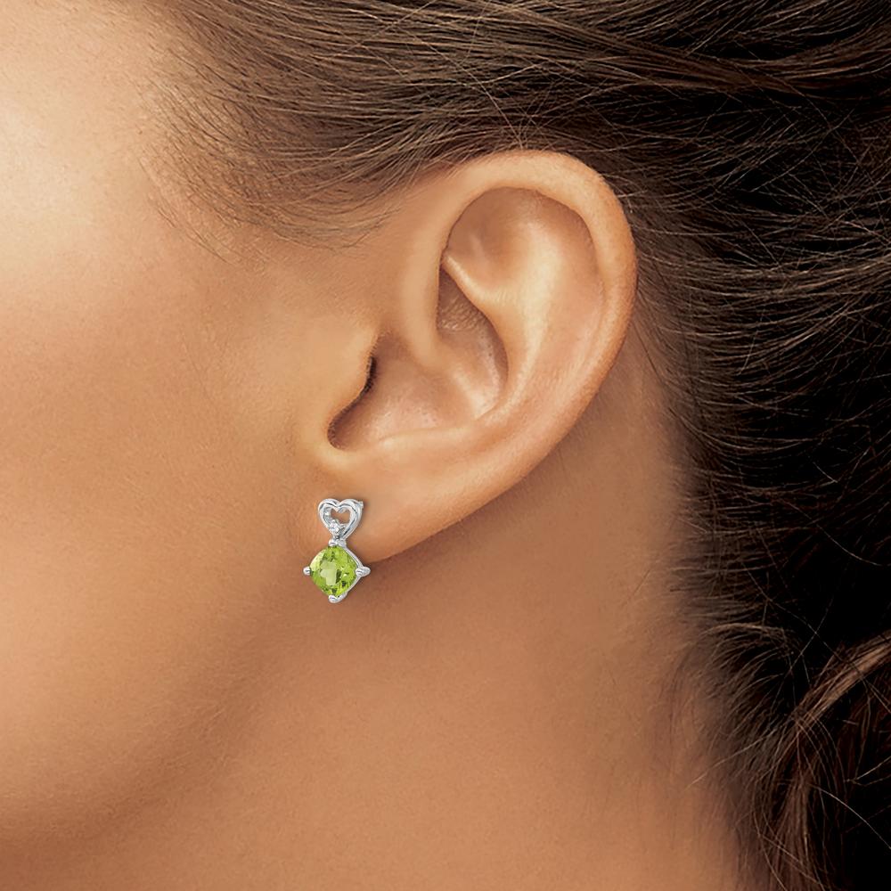 14K White Gold Peridot and Diamond Heart Drop Earrings - 1.25 Carat Peridot and 0.01 Carat Diamond by Oro Pregiato