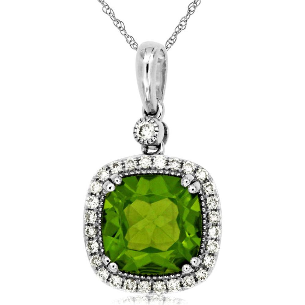 14K White Gold Peridot & Diamond Pendant with Cushion Cut Peridot - 2.28 Carats Total Gem Weight