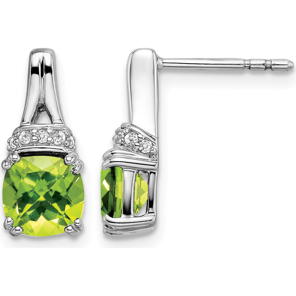 14K White Gold Peridot Cushion Cut and Diamond Dangle Earrings - 1.25 Carat Peridot Total Weight, 0.07 Carat Diamond Total Weight by Monteluci Fine Jewelry