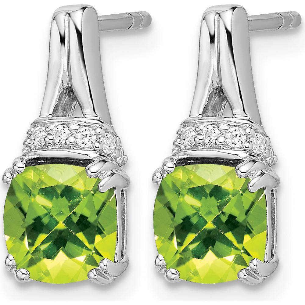 14K White Gold Peridot Cushion Cut and Diamond Dangle Earrings - 1.25 Carat Peridot Total Weight, 0.07 Carat Diamond Total Weight by Monteluci Fine Jewelry