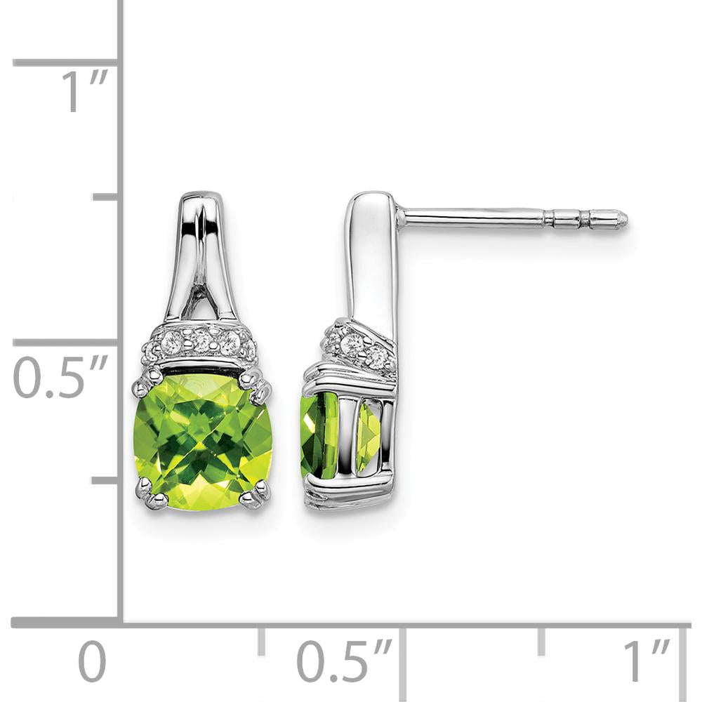 14K White Gold Peridot Cushion Cut and Diamond Dangle Earrings - 1.25 Carat Peridot Total Weight, 0.07 Carat Diamond Total Weight by Monteluci Fine Jewelry