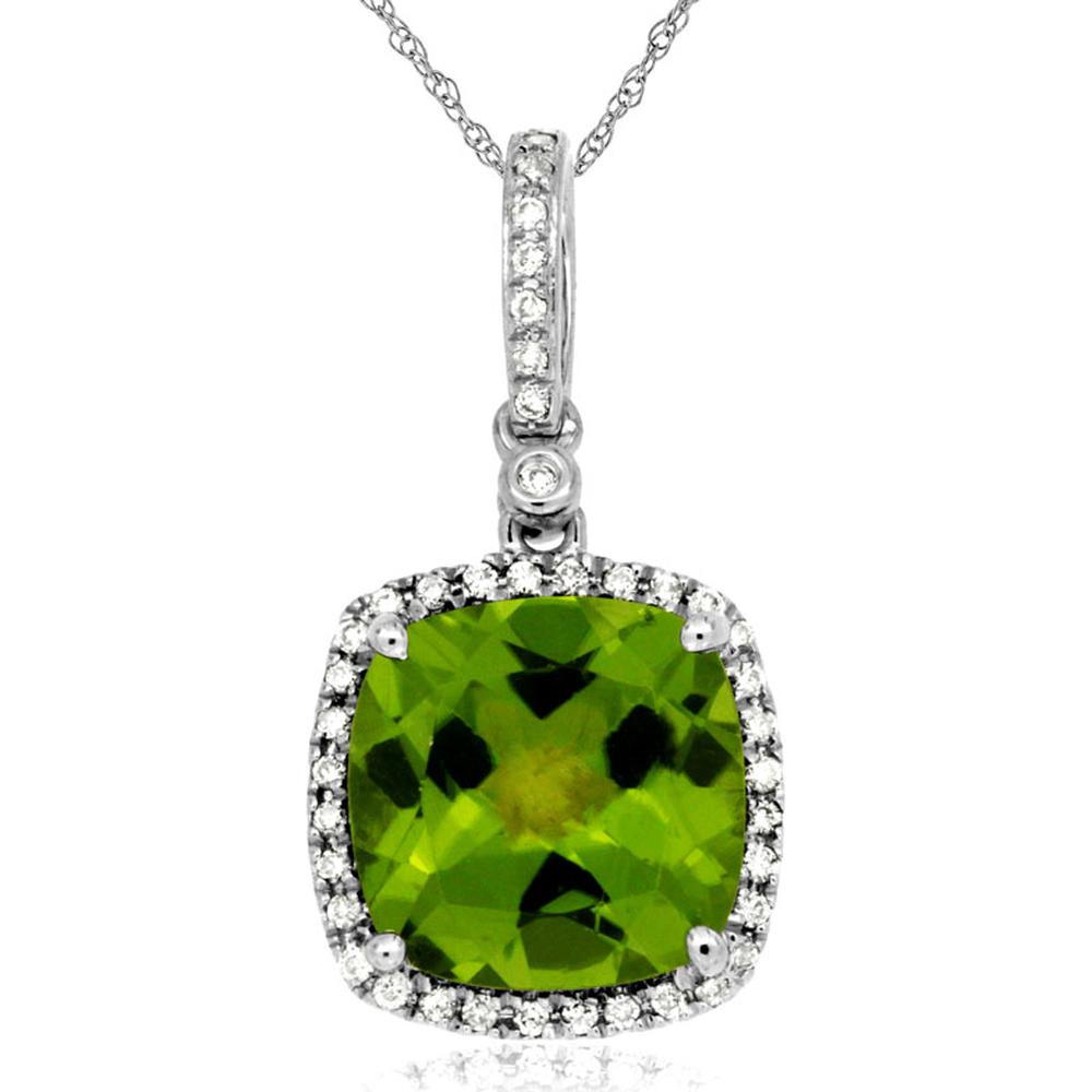 14K White Gold Peridot Cushion Cut Pendant with Diamond Halo - 4.36 Carats Total Gem Weight
