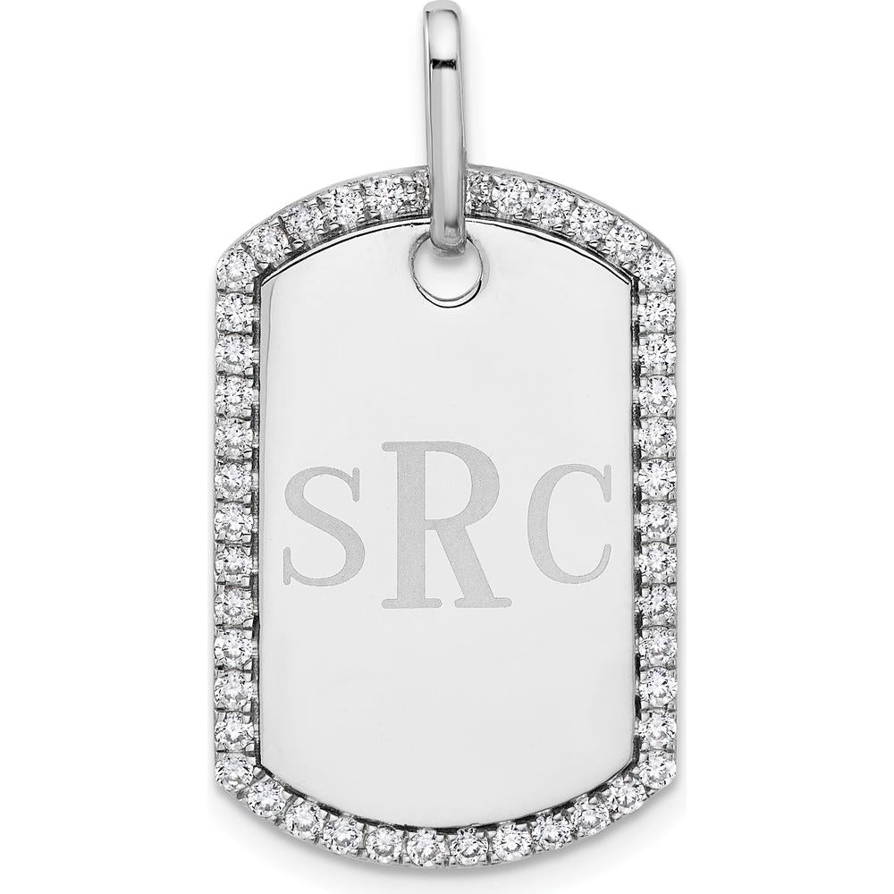 14K White Gold Personalized Diamond Dog Tag Pendant - Rhodium Plated, Sparkling Edge Detail by Oro Pregiato