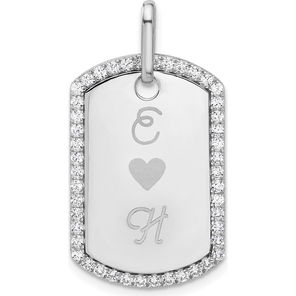14K White Gold Personalized Diamond Dog Tag Pendant - Rhodium Plated, Sparkling Edge Detail by Oro Pregiato