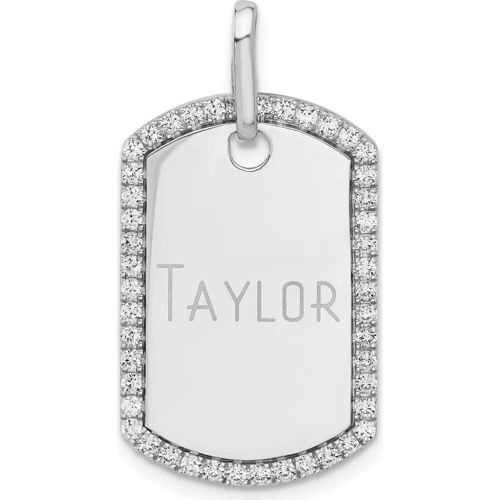 14K White Gold Personalized Diamond Dog Tag Pendant - Rhodium Plated, Sparkling Edge Detail by Oro Pregiato