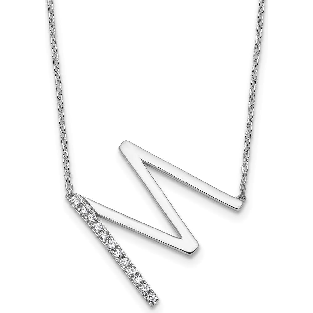 14K White Gold Personalized Sideways Diamond Initial "M" Necklace - Rhodium Plated by Oro Pregiato