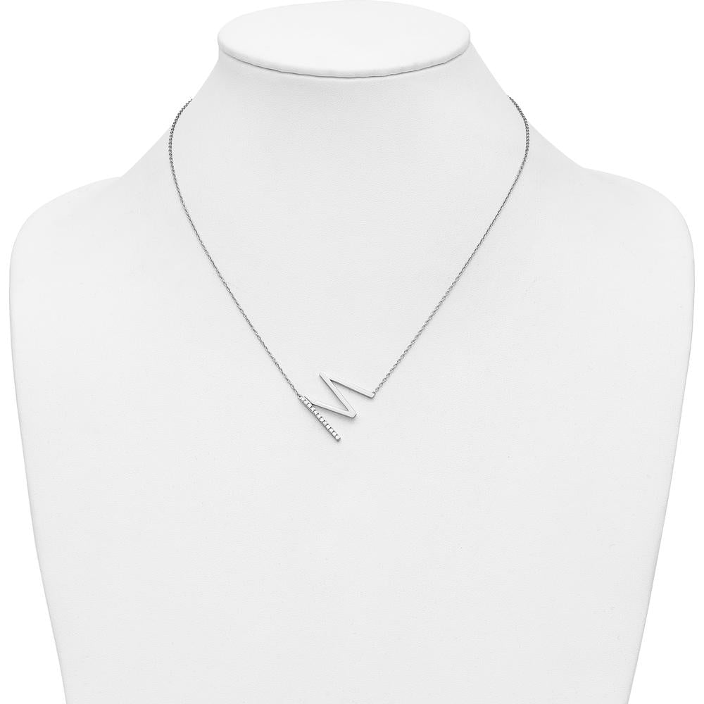 14K White Gold Personalized Sideways Diamond Initial "M" Necklace - Rhodium Plated by Oro Pregiato