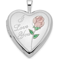 14K White Gold Pink and Green Enamel Rose I LOVE YOU Script Heart Locket - Engravable 20mm by Monteluci Fine Jewelry