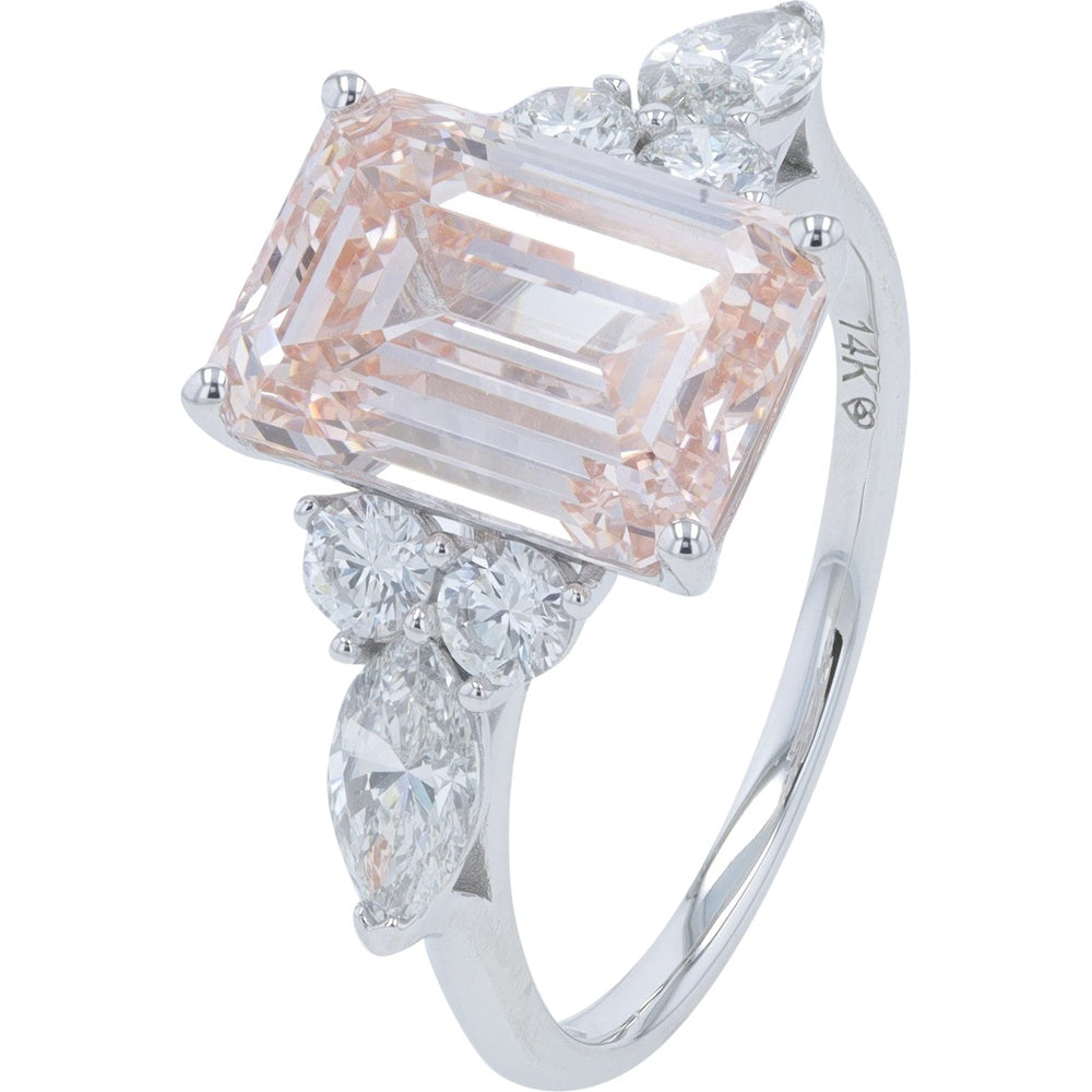 14K White Gold Pink Emerald-Cut Lab Grown Diamond Engagement Ring with Pear and Round Side Stones - 5.50 Carat Total Diamond Weight