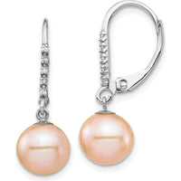 14K White Gold Pink Freshwater Cultured Pearl and Diamond Dangle Leverback Earrings - 0.05 Carat Total Diamond Weight by Monteluci Fine Jewelry