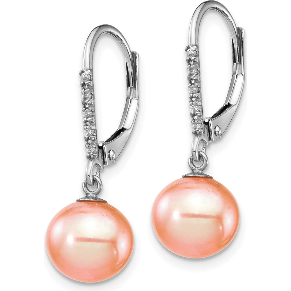 14K White Gold Pink Freshwater Cultured Pearl and Diamond Dangle Leverback Earrings - 0.05 Carat Total Diamond Weight by Monteluci Fine Jewelry