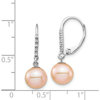 14K White Gold Pink Freshwater Cultured Pearl and Diamond Dangle Leverback Earrings - 0.05 Carat Total Diamond Weight by Monteluci Fine Jewelry