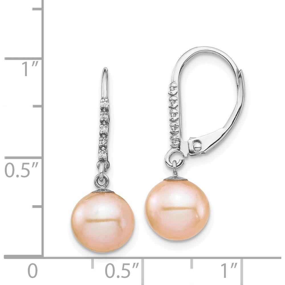 14K White Gold Pink Freshwater Cultured Pearl and Diamond Dangle Leverback Earrings - 0.05 Carat Total Diamond Weight by Monteluci Fine Jewelry