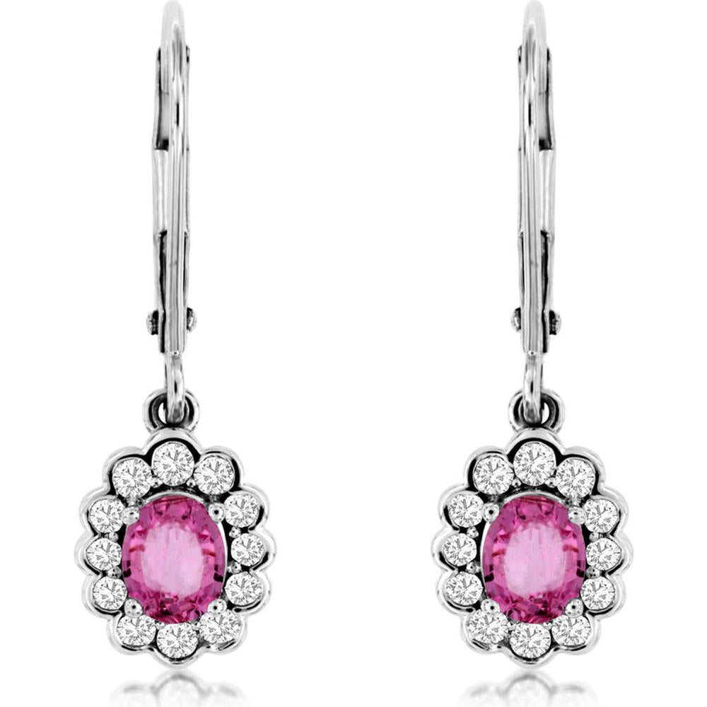 14K White Gold Pink Sapphire and Diamond Floral Halo Drop Earrings - 0.88 Carat Total Pink Sapphire Weight and 0.33 Carat Total Diamond Weight - Royal Jewelry