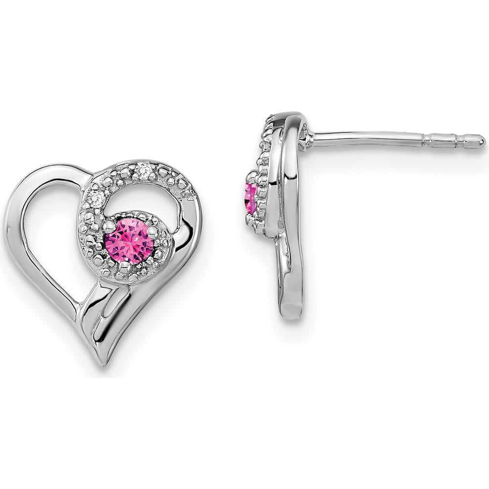 14K White Gold Pink Sapphire and Diamond Heart Earrings - 0.065 Carat Diamond & 0.13 Carat Pink Sapphire Total Weight by Monteluci Fine Jewelry