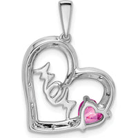 14K White Gold Pink Sapphire and Diamond MOM Heart Pendant with Milgrain Detail - 0.58 Carat Total Stone Weight by Lumare Gioia