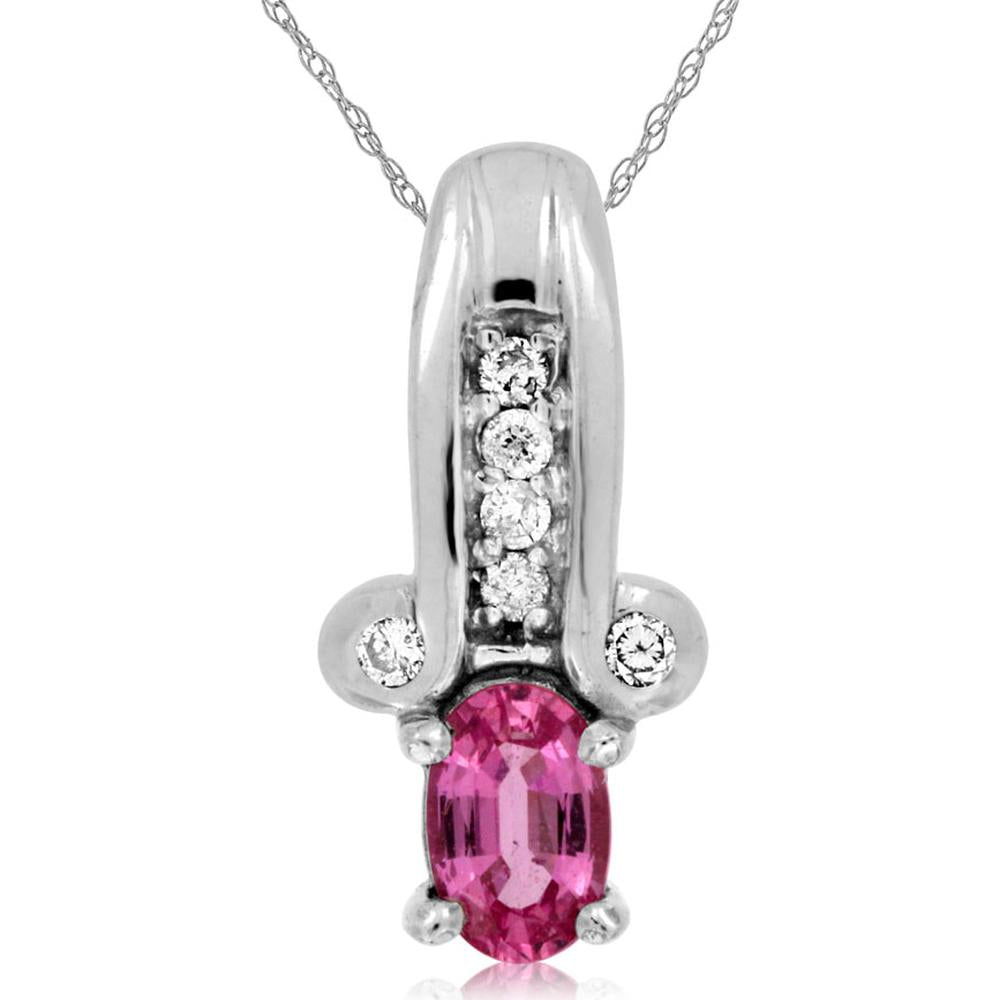 14K White Gold Pink Sapphire & Diamond Pendant - 0.50 Carats Pink Sapphire, 0.10 Carats Diamond Total Weight