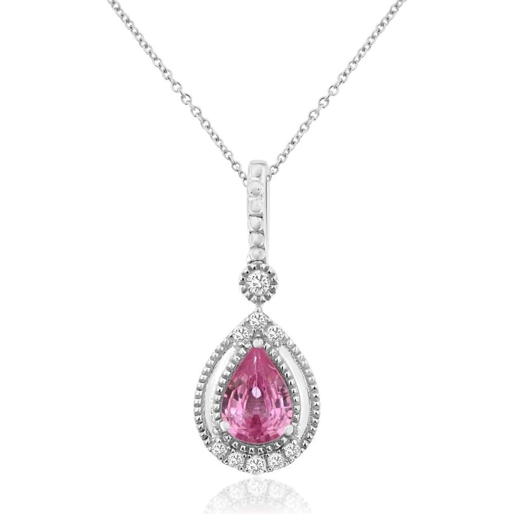 14K White Gold Pink Sapphire & Diamond Pendant - 0.65 Carats Pink Sapphire, 0.10 Carats Diamond Total Weight