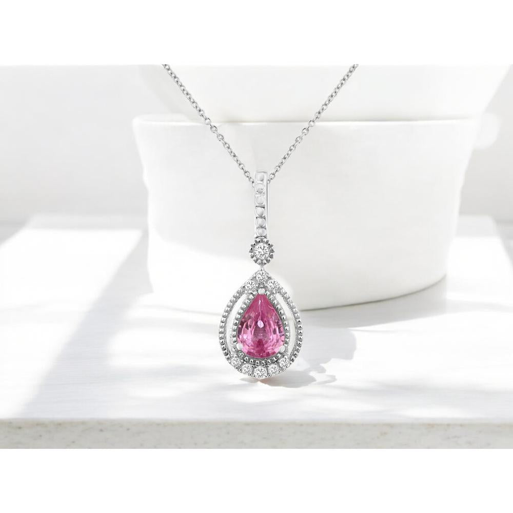 14K White Gold Pink Sapphire & Diamond Pendant - 0.65 Carats Pink Sapphire, 0.10 Carats Diamond Total Weight