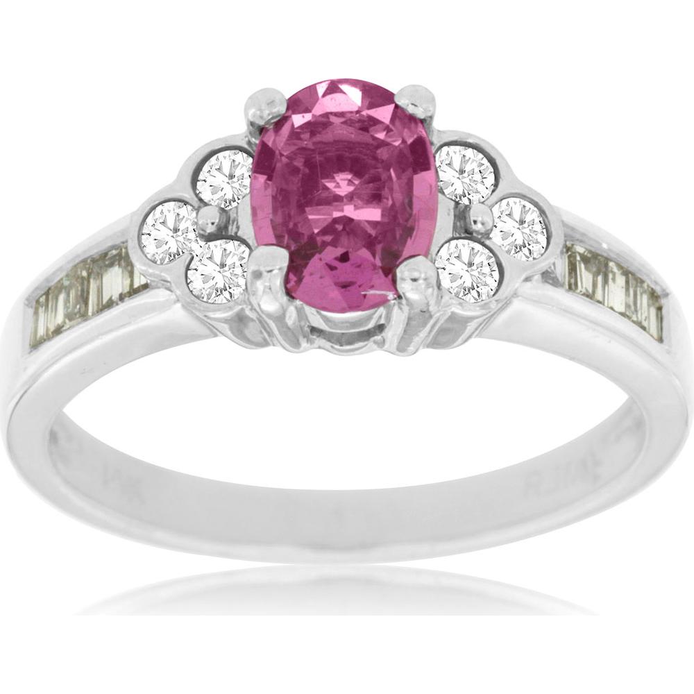14K White Gold Pink Sapphire & Diamond Three Stone Ring - 1.30 Carats Total Gem Weight