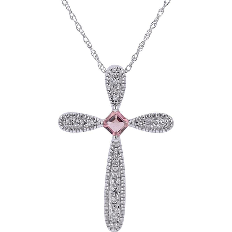 14K White Gold Pink Sapphire Center Cross Pendant - Faithful Elegance