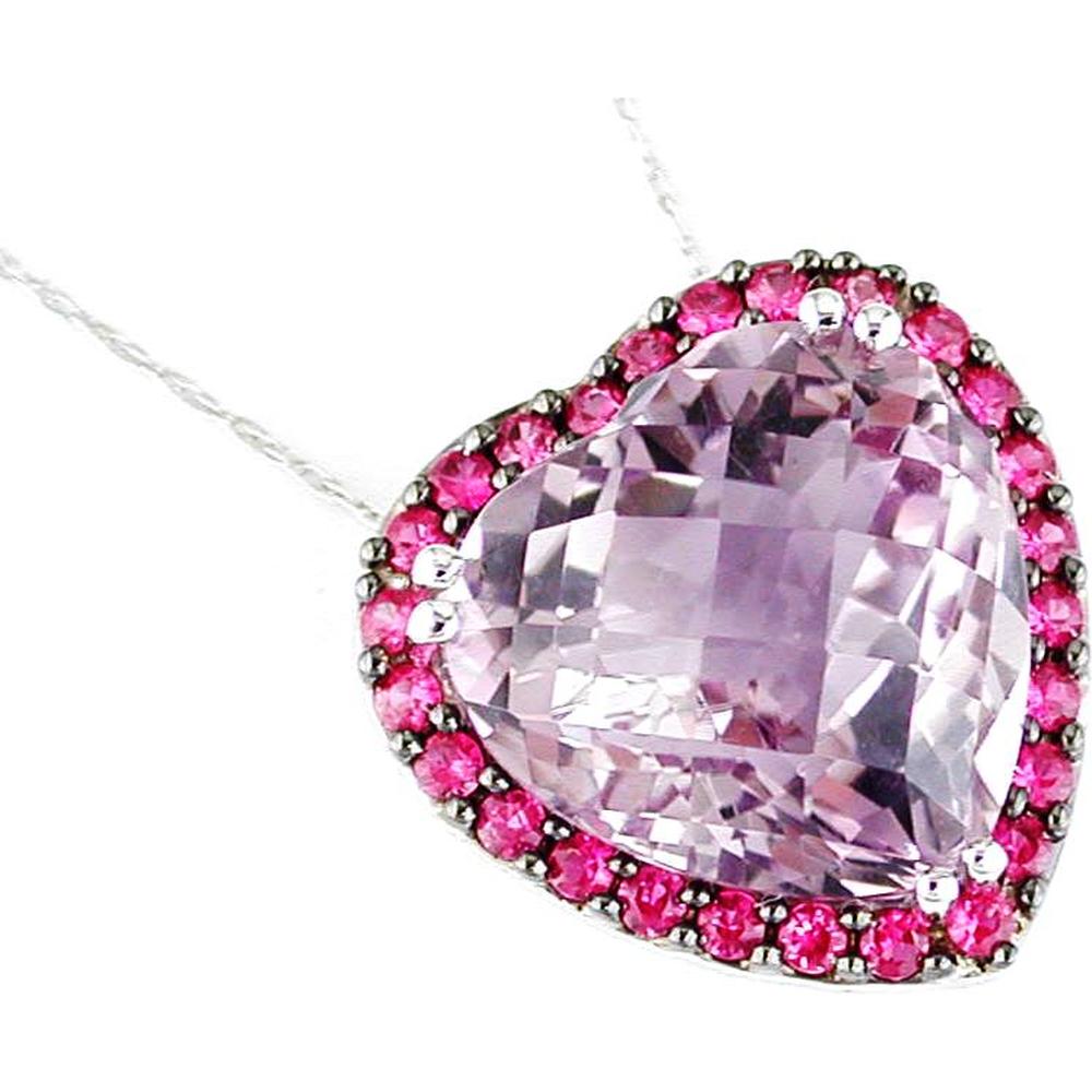 14K White Gold Pink Sapphire Heart Pendant with Round Diamonds - 12.30 Carats Total Pink Sapphire Weight