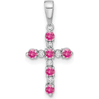 14K White Gold Pink Tourmaline and Diamond Cross Pendant with Rhodium Plating by Oro Pregiato