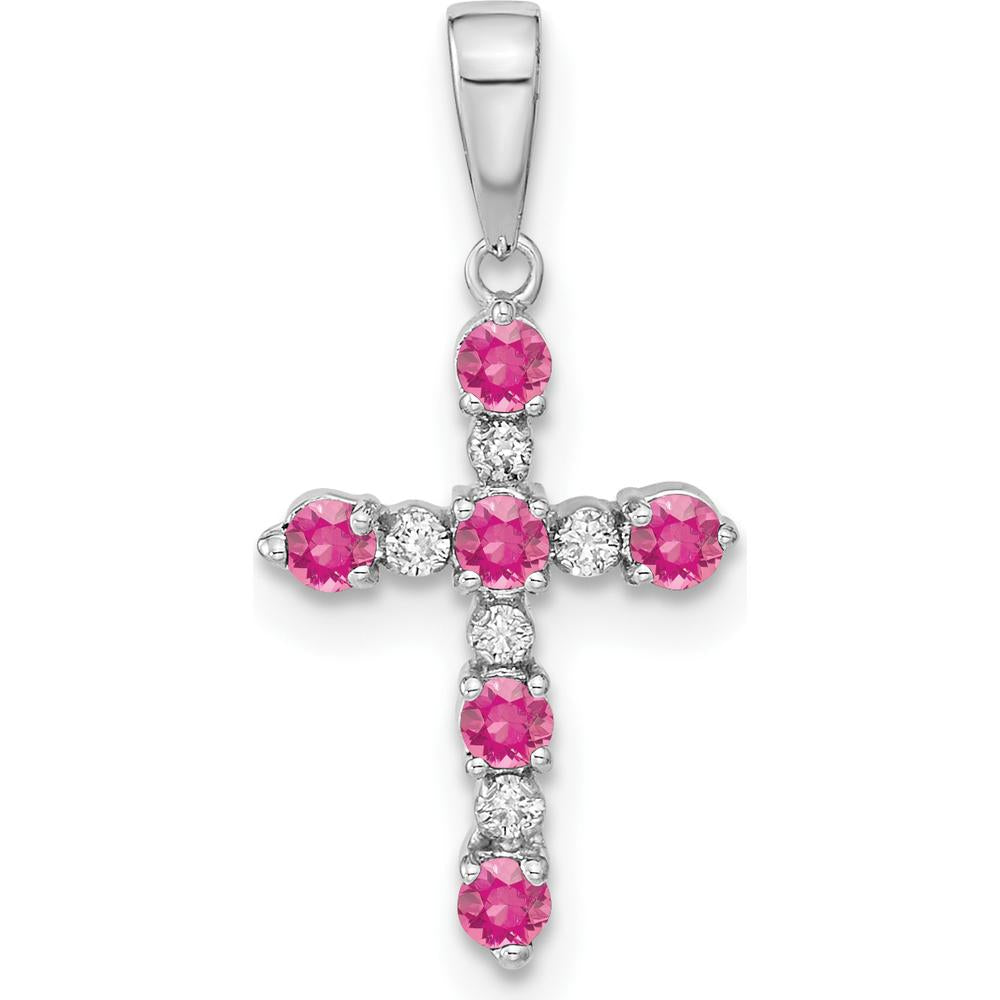 14K White Gold Pink Tourmaline and Diamond Cross Pendant with Rhodium Plating by Oro Pregiato