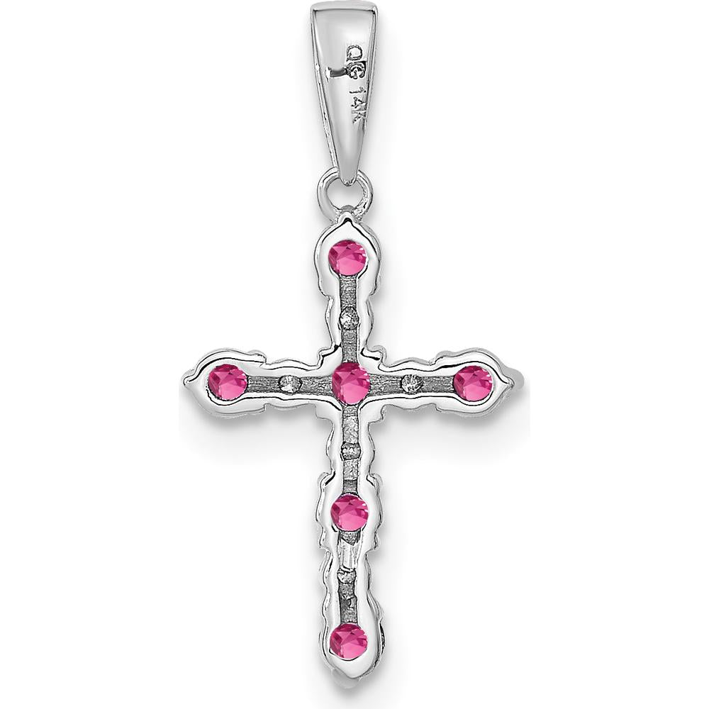 14K White Gold Pink Tourmaline and Diamond Cross Pendant with Rhodium Plating by Oro Pregiato