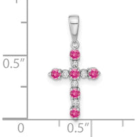 14K White Gold Pink Tourmaline and Diamond Cross Pendant with Rhodium Plating by Oro Pregiato