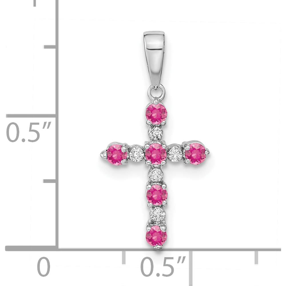 14K White Gold Pink Tourmaline and Diamond Cross Pendant with Rhodium Plating by Oro Pregiato