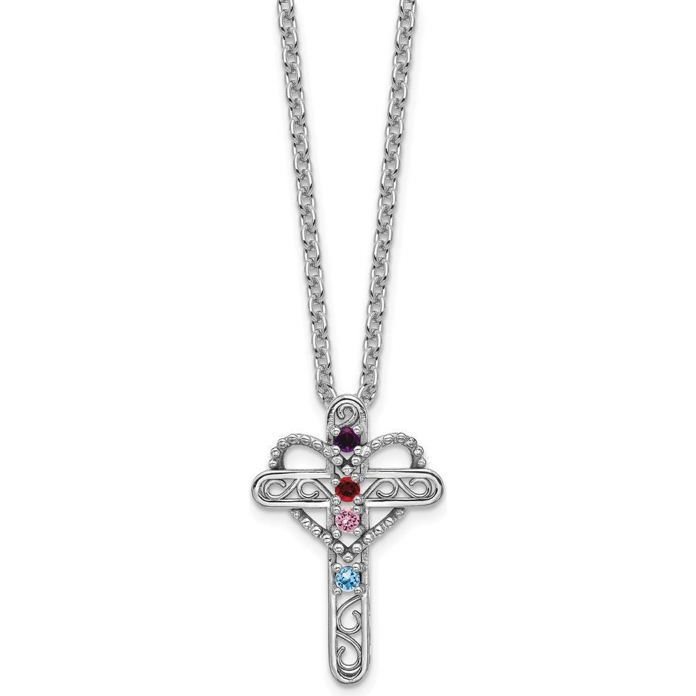 14K White Gold Polish Filigree 4-Stone Mother's Cross Pendant Mounting by Oro Pregiato