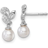 14K White Gold Polished 1/10 Carat Diamond and Freshwater Cultured Pearl Dangle Earrings by Monteluci Fine Jewelry